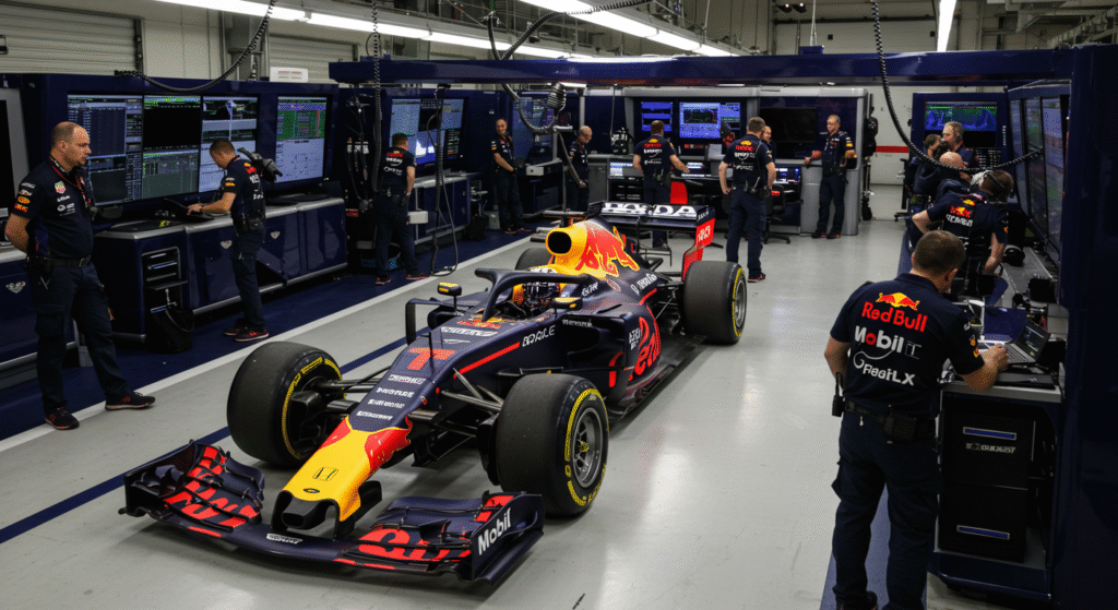f1 hoje - imagem de carro da redbull nos boxes
