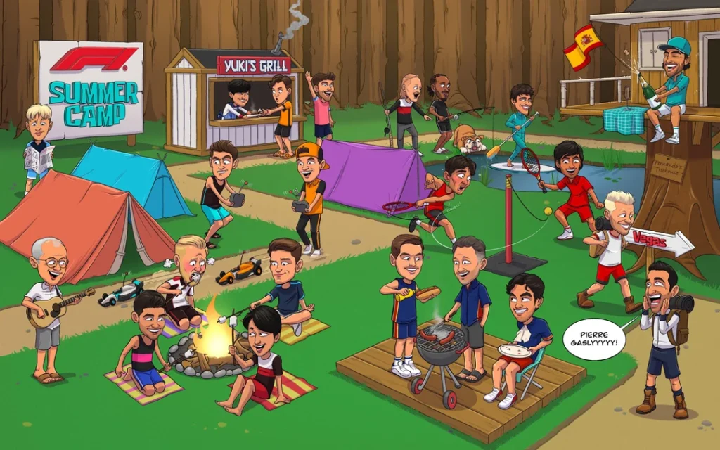 imagem em cartoon dos pilotos de f1 na pausa de verão. Site F1 Hoje