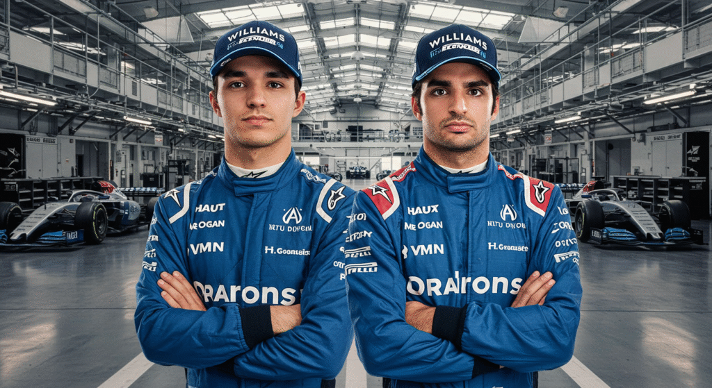Imagem dos pilotos Carlos Sainz e Albon, lado a lado com macacões da F1 Hoje.