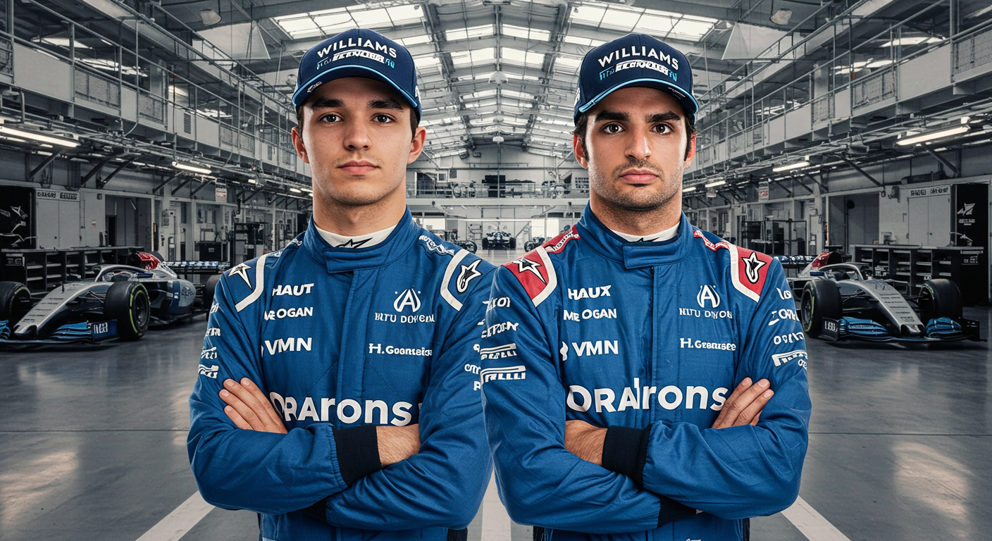 Imagem dos pilotos Carlos Sainz e Albon, lado a lado com macacões da F1 Hoje.