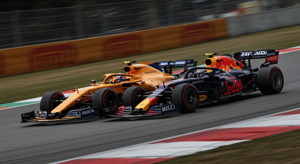 batalhas na f1 hoje em 2026 serão mais acirradas. imagem de 2 carros, um da mclaren e outro da red bull lado a lado