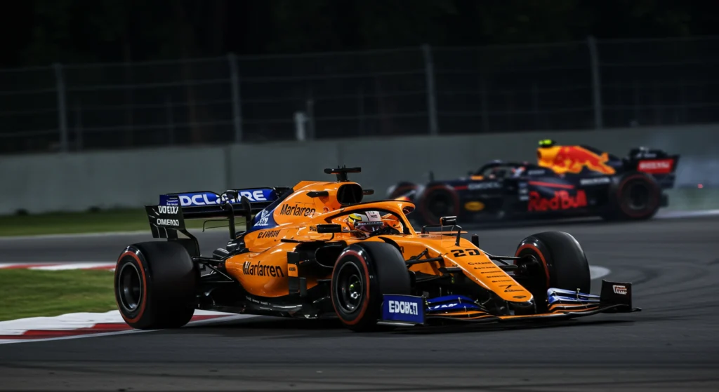 f1 hoje - análise de meio de temporada. Carro da Mclaren na pista, seguido por um carro da redbull.