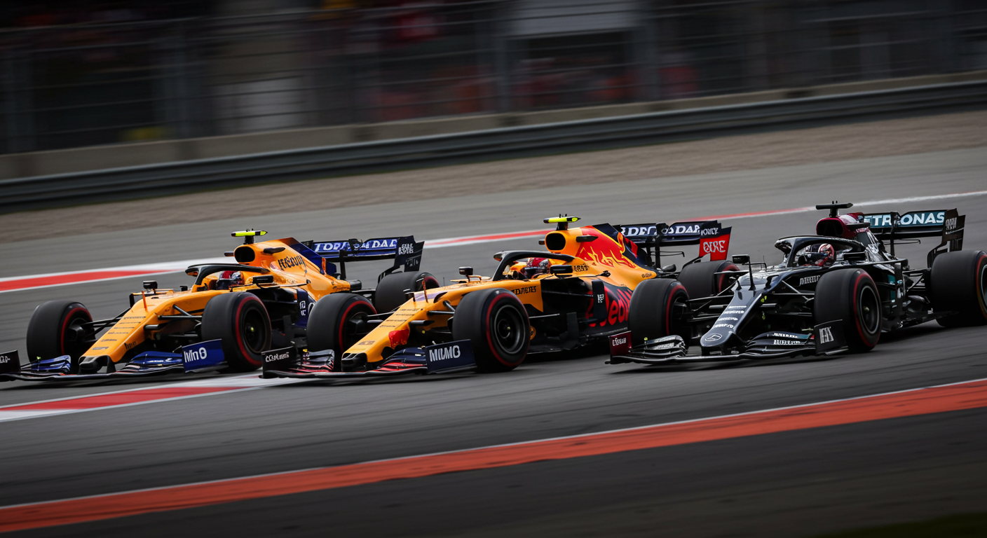 Imagem destacada de post site F1 Hoje: 3 carros de fórmula 1 lado a lado 2 da McLaren e um da Redbull representando a disputa pelo campeonato.