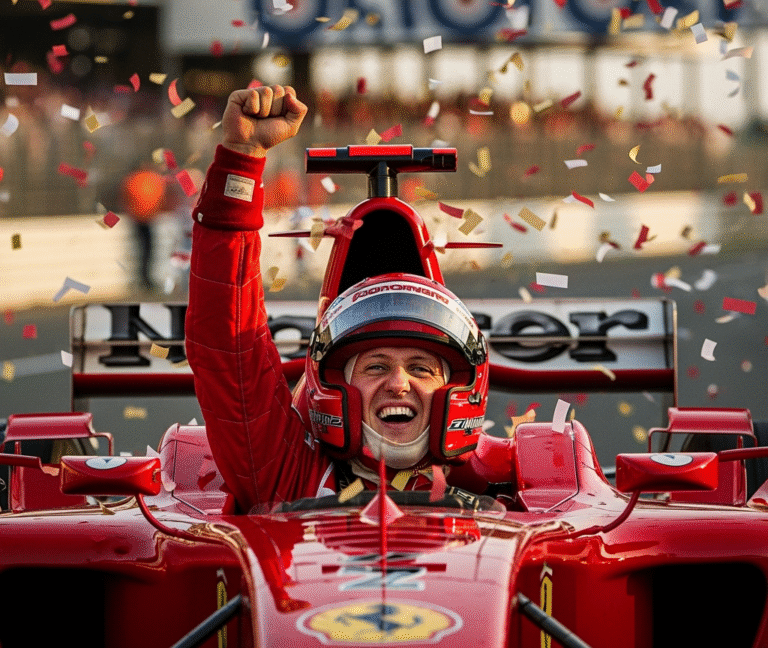 schumacher dentro de uma f1 da ferrari celebrando uma vitória. Site f1 hoje