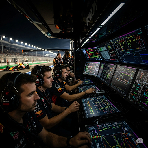 Imagem feita com IA de diversos engenheiros da F1 hoje no paddock.